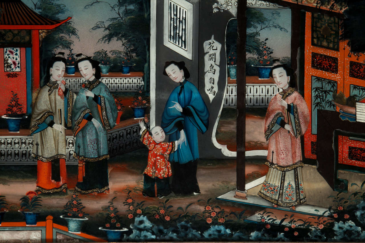 Exportation chinoise Paire de  Miroir chinois du 19e siècle peint à l'envers Photos en vente